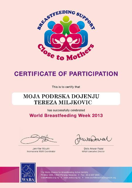 wbw2013 sertifikat o ucescu u obelezavanju svetske nedelje dojenja